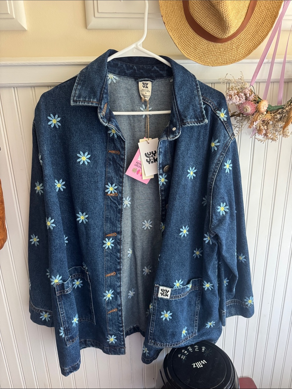 Lucy & Yak Dark Blue Denim Jacket with Light Blue Daisy embroidery